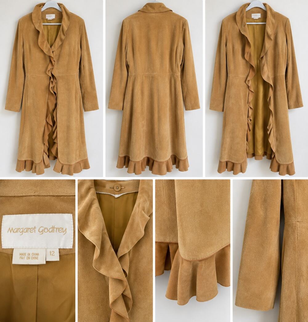 Margaret Godfrey Suede camel ruffle coat, size 12